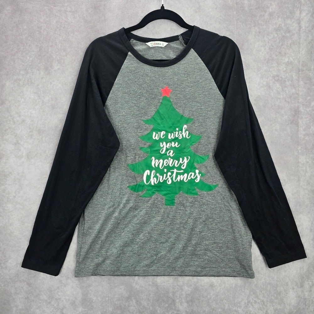 Patpat Gray Raglan We Wish You a Merry Christmas Holiday Y2K Print‎ Top Medium